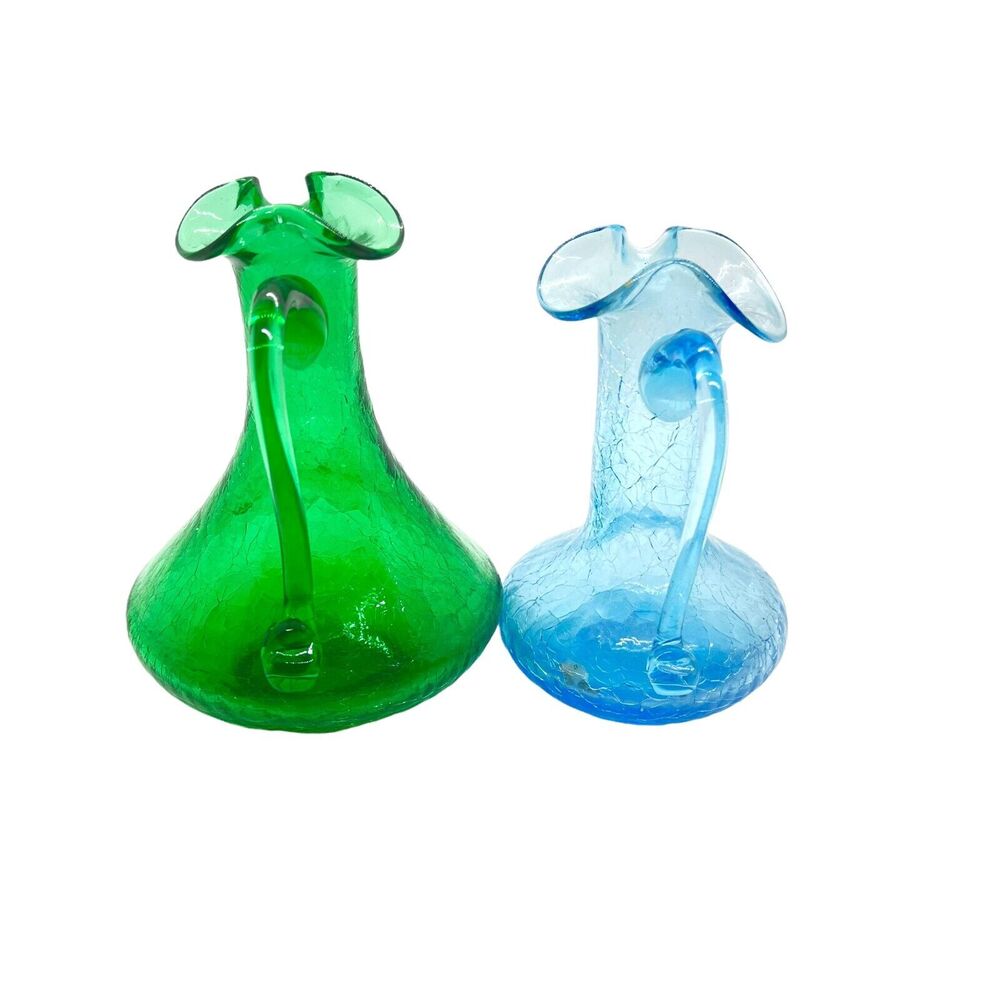 Crackle Glass Vases Pitchers Vintage Blue Green Ruffled Edge Handheld Set Of 2 - Picture 5 of 16